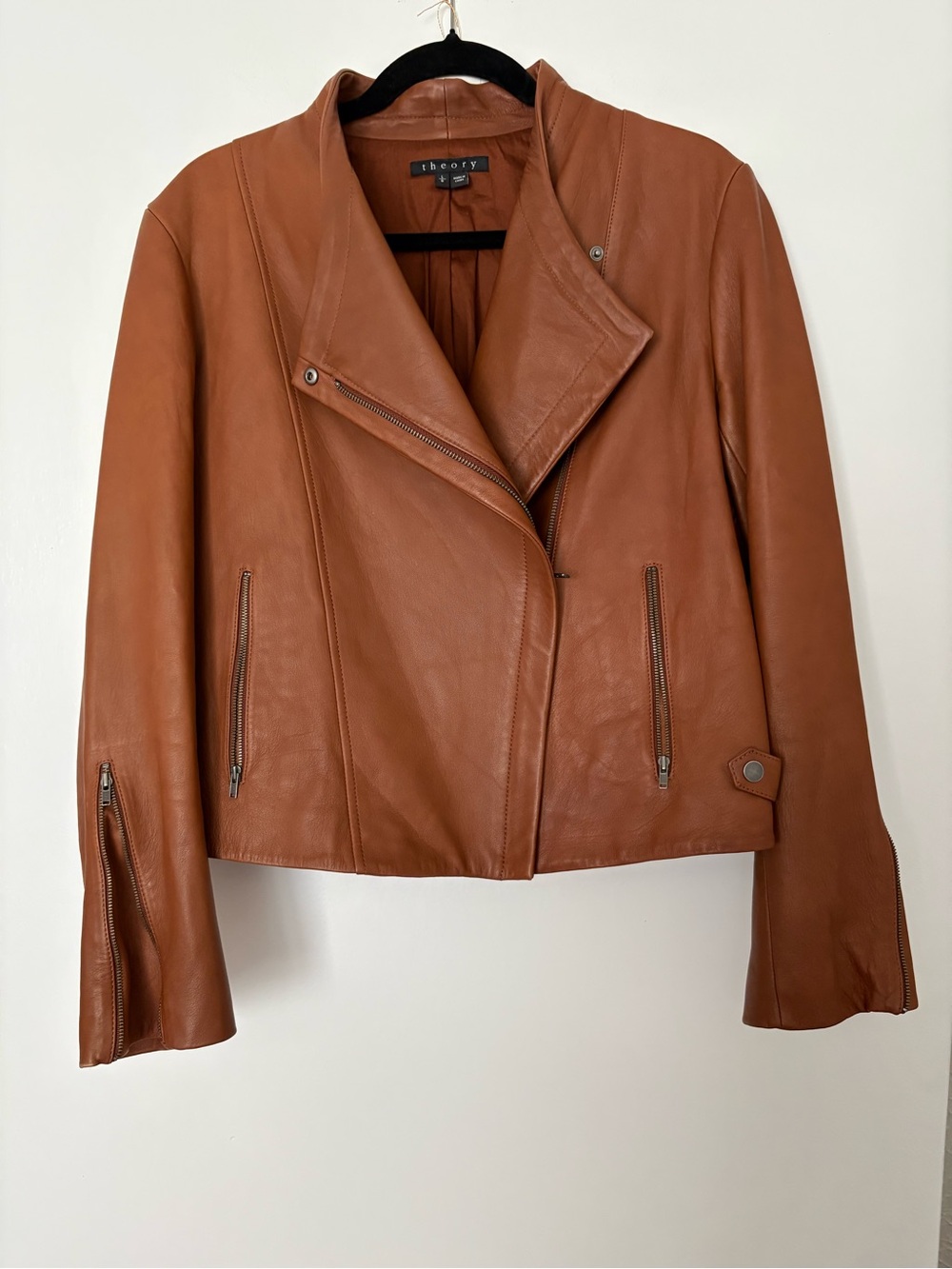 Theory Cognac Leather Asymmetrical Zip Jacket